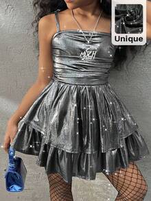 Coolane 青少年女孩纯色泡泡褶双层休闲法式吊带连衣裙，度假风 - 銀色 - 查看 4