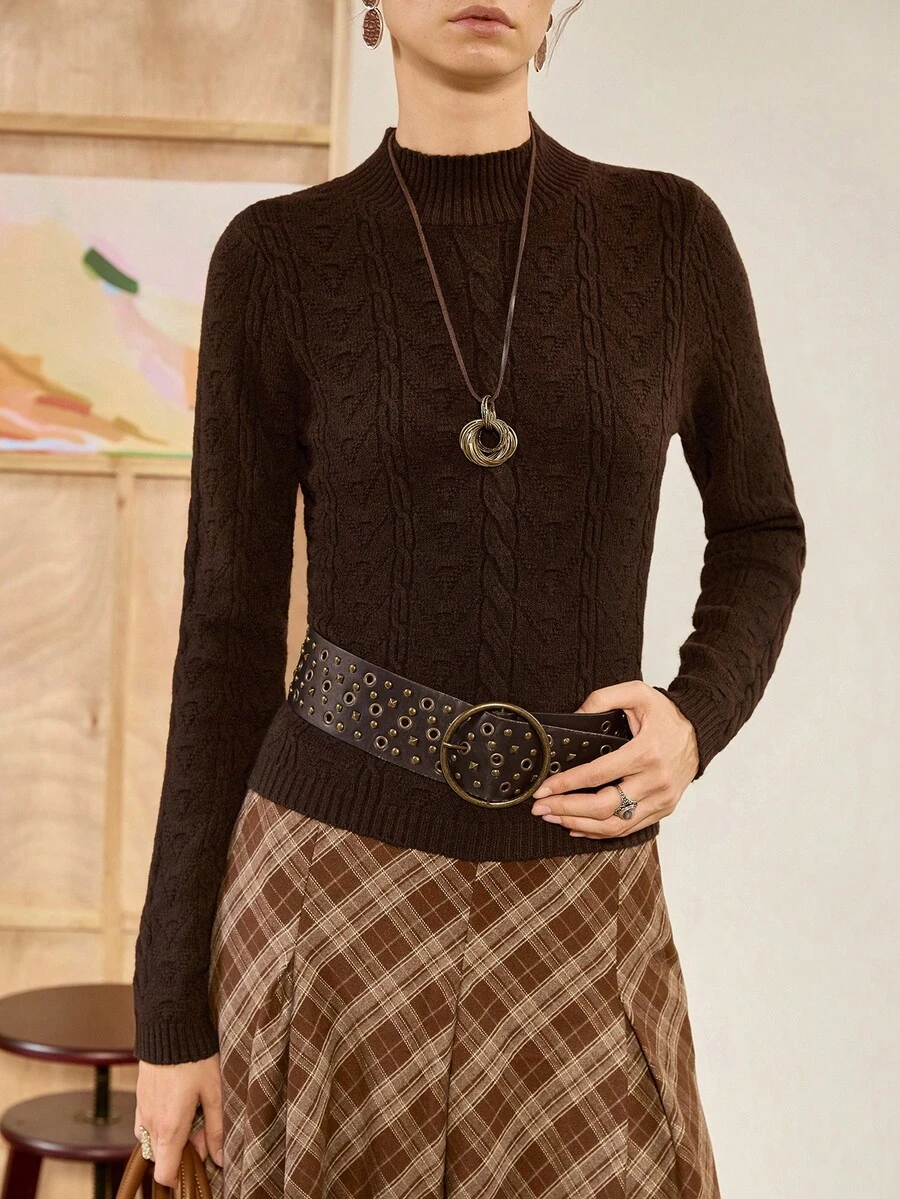Florisole Casual Versatile Solid Color Slim Fit Sweater - Coffee Brown - View 1