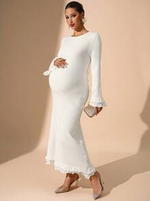 MaterniChic 秋冬孕妇装 孕妇毛衣裙 罗纹针织裙 孕妇白色连衣裙 长款孕妇装 孕妇写真裙 白色长袖连衣裙 新年女装 派对优雅连衣裙 - 白色 - 查看 1