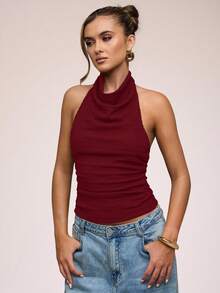 SHEIN BAE Women's Solid Color Draped Halter Backless Sexy Camisole,Red Top - Burgundy - View 5