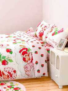 Strawberry Shortcake X SHEIN 3件套可爱卡通人物草莓图案床上用品套装，磨毛面料，柔软保暖，粉色被套+3D蝴蝶结，单人/双人/大号/特大号可选，送礼佳品 - 粉色 - 查看 5