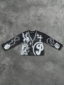 ROMWE MEN Goth Men's Casual Street Letter & Cross Print Long Sleeve T-Shirt, Autumn - Black - View 3