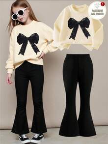 SHEIN 1 Set de Moda Casual para Niñas Preadolescentes, Conjunto Dulce y Lindo con Sudadera Cuello Redondo con Estampado de Lazo Falso y Pantalones Acampanados Negros, Nuevo para Otoño/Invierno, Sudadera Caqui + Pantalones Acampanados, Conjunto de 2 Piezas con Lazo - Multicolor - Ver 1