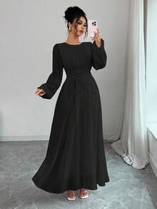 Elenzga Damen Frühling/Sommer Französisch Romantisch Sizilien Elegantes Lässig Pendler Urlaub Nachmittags-Tee-Party Rundhals Geraffter Taille Kordelzug A-Linie Elastischer Bund Maxikleid mit Langarm - Schwarz - Übersicht 3