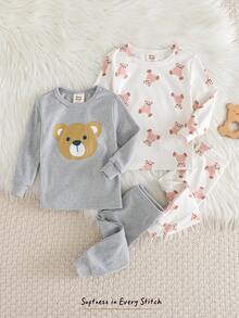 Cozy Pixies Bộ đồ ngủ 4 món cho bé gái, áo len cổ tròn tay dài in họa tiết động vật hoạt hình và quần dài cạp chun co giãn vừa vặn - Nhiều màu - Xem 3
