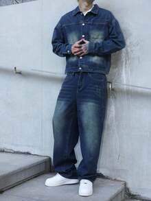 Claim Dot 男士复古牛仔两件套休闲夹克和阔腿裤，春秋季