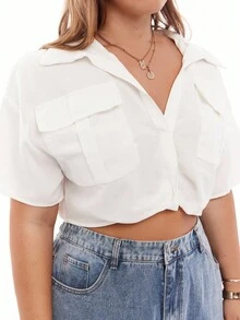 SHEIN EZwear Plus Size Women's Summer Casual Linen Blend Collared Shirt, White, Loose Fit, Front Pockets, Twist Hem, Hidden Buttons, Suitable For Daily Wear - White - View 3