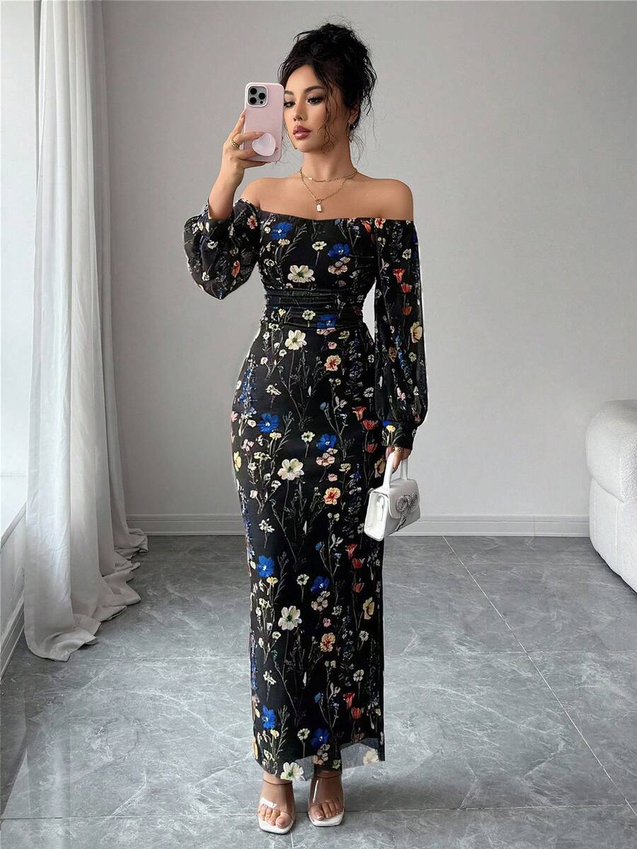 Rafferiza Women's Elegant Off Shoulder Floral Branch Print Mesh Elastic Waist Ruched Bodycon High Slit Lantern Sleeve Dress - Black - View 1