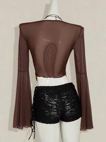 SHEIN ICON Áo thun tay dài màu trơn buộc phía trước thời trang Y2K Fall dành cho nữ, màu đỏ tía miền Tây, tay loe, thời trang dạo phố - màu nâu - Xem 2