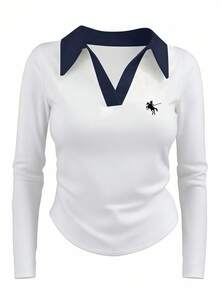 INAWLY Camiseta casual de manga larga para mujer con cuello, estampado y color contrastante, ajustada y con pliegues sexy - azul real - Ver 3