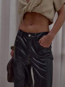 MUSERA 撞色缝线喇叭形仿皮裤 街头风 可爱 优雅 休闲 性感 外出 秋季 太妃糖色 圣诞节 冬季 派对 新年