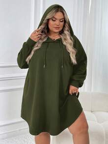 SHEIN CURVE+ Vestito felpa sportivo casual oversize con cappuccio e orlo curvo, adatto per autunno/inverno, taglie comode per donna