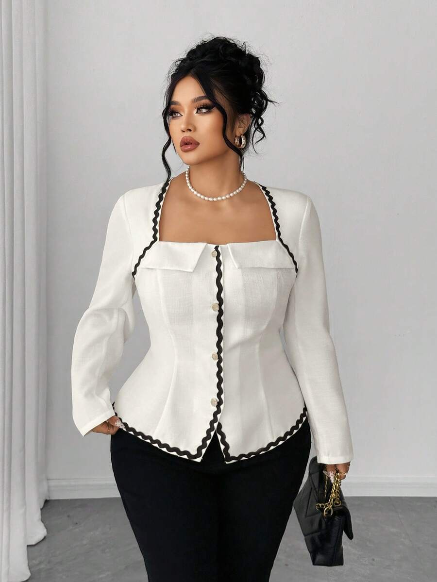 SHEIN Elenzya Áo cánh tay dài cổ thiên nga viền bèo nhún chắp vá cỡ lớn cho nữ, hàng cúc đơn thanh lịch - trắng - Xem 1