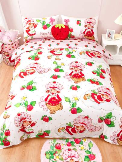 Strawberry Shortcake X SHEIN 3 Piezas Juego de Ropa de Cama con Figura de Dibujo Animado Lindo y Estampado de Fresa, Tela Cepillada, Suave y Cálida, Funda Nórdica Rosa + Lazo 3D, Disponible en Tamaño Individual/Doble/Queen/King, Ideas de Regalo