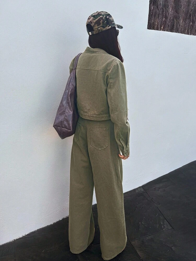 Women's Casual Cropped Jacket And Wide Leg Jeans Suit, Autumn