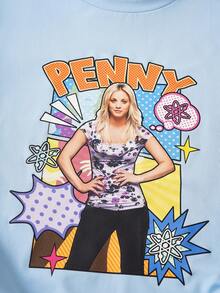 THE BIG BANG THEORY X SHEIN Plus Size Casual Penny Figure Graphic Ruched Side Blue Cropped Top, Summer - Blue - View 3