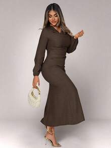 Xyvia Women's Metal Buckle Draped Neck Long Dress - Mocha Brown - View 5