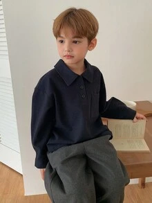 DAZY Young Boy Solid Color Long Sleeve Drop Shoulder Loose Fit Casual Shirt - Navy Blue - View 1