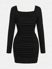 SHEIN 少女束腰褶皱方领长袖休闲连衣裙，适合派对和返校穿着 - 黑色 - 查看 3