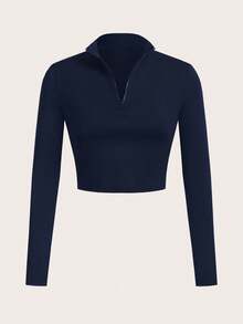 SHEIN Essnce Women's 3 Pieces Tracksuit Set, Ribbed Mock Neck Partial Zip Long Sleeve T-Shirt, Sports Bra Camisole, High Waist Leggings, Women's 3 Pieces Set, Leggings And Bustiers And Overalls - Navy Blue - View 6