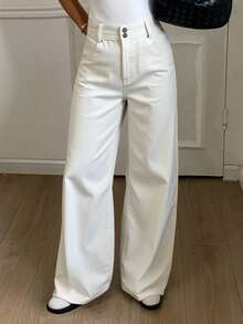 Livesso 女式宽松休闲白色牛仔裤，秋季 - 白色 - 查看 5