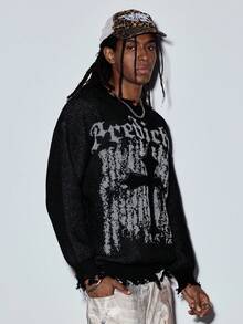 Modcrash 男士街头哥特提花图案做旧设计休闲宽松针织套头毛衣，圆领，落肩，长袖，秋冬款 - 黑色 - 查看 7