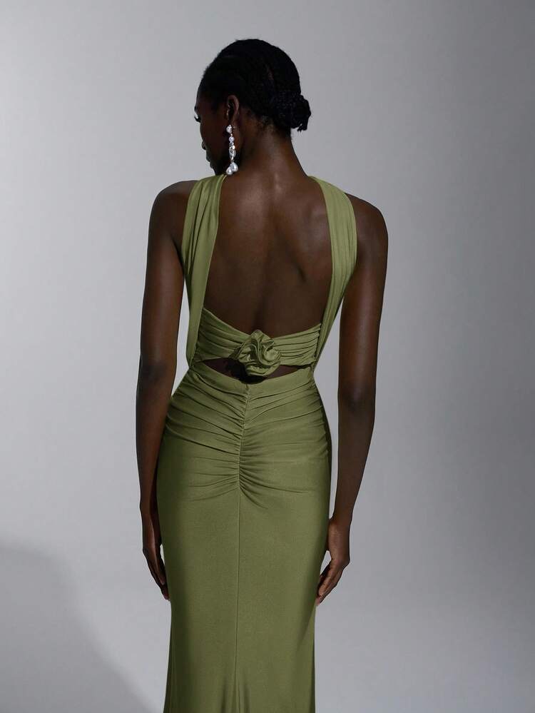 Elitara Elegant, Romantic, Sexy, Minimalist Design Bodycon Dress With Elastic Knit, Spaghetti Straps, Open Back, Fitted Waist. Fashion, Influencer Style, Suitable For Holidays, Parties, Weddings, Bridesmaids Green - Army Green - View 8
