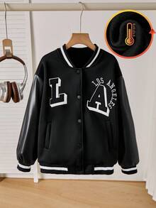 SHEIN 女童夹克外套，正面字母刺绣图案，黑色 PU 皮革袖子，黑白条纹袖口、下摆和衣领，适合秋冬季外出、散步、上学、通勤，可搭配长袖、毛衣、裤子