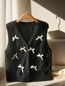 Franclia Plus Size Women Elegant Sweet Bow Knit Sweater Vest, Autumn/Winter New Casual Sleeveless V-Neck Layered Cardigan Pullover Bow Clothes Bows On Clothes Vest Shirt Sweater Vest Women Black Vest Women