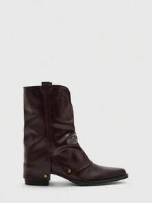 CUCCOO BIZCHIC Giày bốt cưỡi ngựa cao đến giữa bắp chân màu nâu đậm | Điểm nhấn đinh tán kép | Gót cao 5cm | Kết cấu nhăn tự nhiên | 2 đôi, kiểu dáng da sang trọng - màu nâu - Xem 2