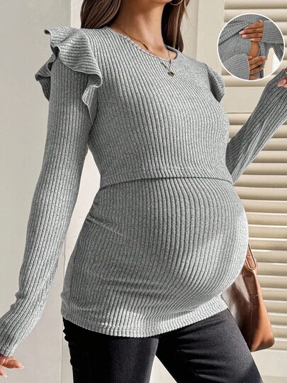 SHEIN Fall Clothes,Autumn Clothes,Maternity Autumn/Winter Clothes Maternity Maternity Casual Solid Color Nursing Top, Autumn Ruffle Maternity Top Maternity Tops Pregnancy Clothes Maternity Shirts For Women Maternity Clothes Fall Winter Sexy Maternity Clothes