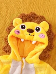SHEIN Newborn Cute Plush Lion Shaped Outfit, Embroidered Lion Hat, Long Sleeve Jumpsuit With Pants, Baby Costume Outfit
