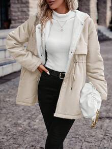 SHEIN Frenchy Drawstring Waist Teddy Lined Hooded Parka Coat In Fall/Winter
