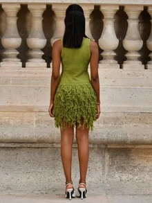 Mima John Women's Mustard Green Knitted Suspender Crochet Vest Mini Skirt, Summer Fashion Fringe Hem Knitted Summer, Women's Summer Clothes, Summer Outfits, Women's Beach Clothes, Women's Elegant Clothes, Women's Summer Clothes, Women's Beach Cover-Ups, Women's Elegant Dresses, Women's Cruise Clothes, Ibiza Clothes, Carnival Clothes/Carnival, Festivals Summer Festivals Beach Vacations, - Green - View 3