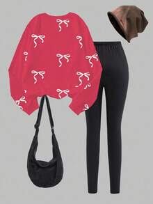 SHEIN Sparklyn Teen Girl Red Digital Print Sweatshirt With Black Bow Black Skinny Pants, Comfortable & Fitted Fall Winter