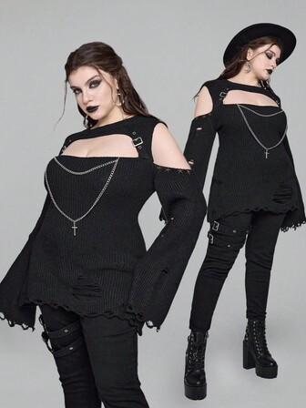 Große Größen Gothic Kreuz Doppelkette Zerrissener Schwarzer Pullover, Herbst/Winter Vintage Mode Retro Gothic Stil Große Größen Damen Pullover, Große Größen Damen Pullover, Party Abend Straße Punk Gothic Stil Große Größen Damen Schwarzer Pullover