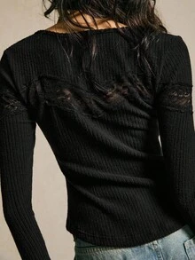 Women's Fashionable Minimalist Lace Cardigan Knit Sweater, Autumn/Winter - Black - View 2