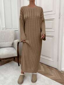 EURMUSE Women Cable Knitting Maxi Sweater Dress - Camel - View 5