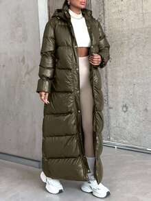 EURMUSE Women's Unique Design Drawstring Sleeve Padded Warm Puffer Long Down Coat - Army Green - View 6