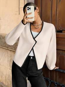 SHEIN Frenchy 女士秋冬休闲大衣，饰有滚边，适合秋冬季通勤、简约时尚、复古风等日常穿着。 - 杏色 - 查看 5