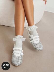 Solezae Designer Inspired Women's Wide-Fit Ballet Flat Sneakers-Casual Hybrid | Breathable Woven Design | All-Day Cloud Comfort - Metallic Silver - View 5