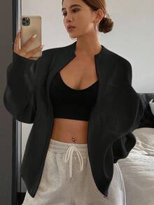 DAZY 1 pieza Suéter holgado de punto con cuello alto y estampado de letras de unicolor para mujer, ropa de mujer de otoño - Negro - Ver 5