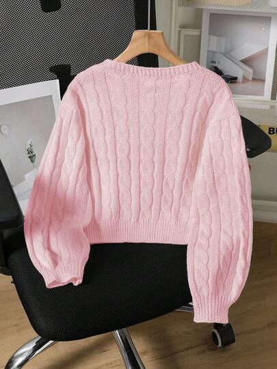 SHEIN Genkimix Kids Tween Girl 1 Piece Round Neck Minimalist Cable Knit Cropped Top For School & Casual Wear, Spring/Fall Cute Sweater