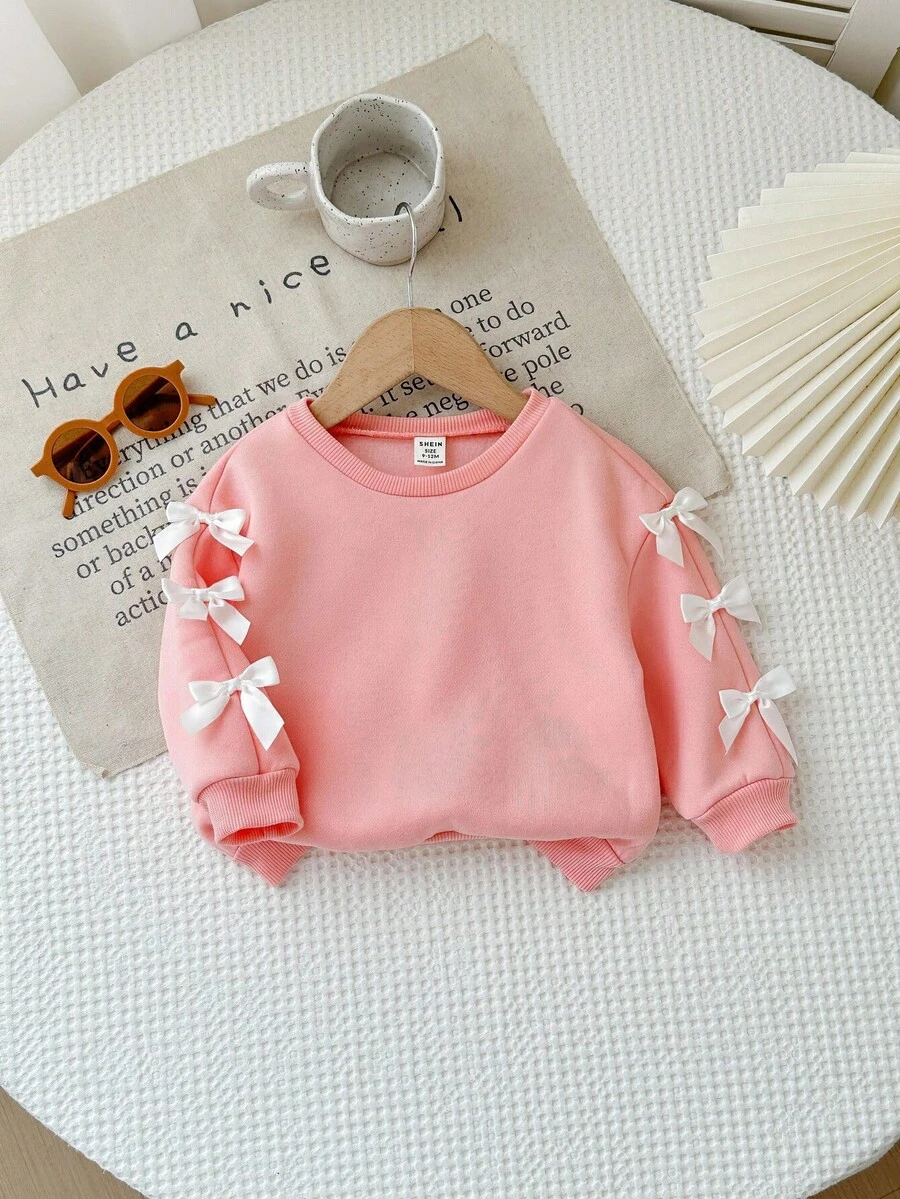 Babygirl Cute Versatile Pink Bow Long Sleeve Sweatshirt, Autumn/Winter Fall - Pink - View 1