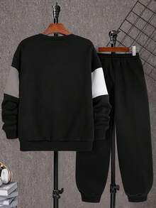 Tween Boys' Black And White Color Block Sweatshirt And Pants Set,Collegiate Autumn Streetwear School Back-To-School,Comfortable Soft Fabric Outfit - Light Grey - View 3