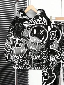 SHEIN 2 件套青少年男孩休闲卡通字母图案印花长袖连帽衫套装，秋冬舒适 - 彩色 - 查看 4