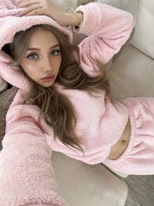 SHEIN Đồ ngủ trùm đầu bằng vải nhung lông có tai thỏ dễ thương dành cho nữ, đồ ngủ dài tay bằng vải nỉ ấm áp, quần áo thu/đông - Hồng - Xem 4