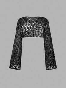 SHEIN MOD 2 件女式镂空针织短款开衫，黑白，海滩，新年 - 黑與白 - 查看 5
