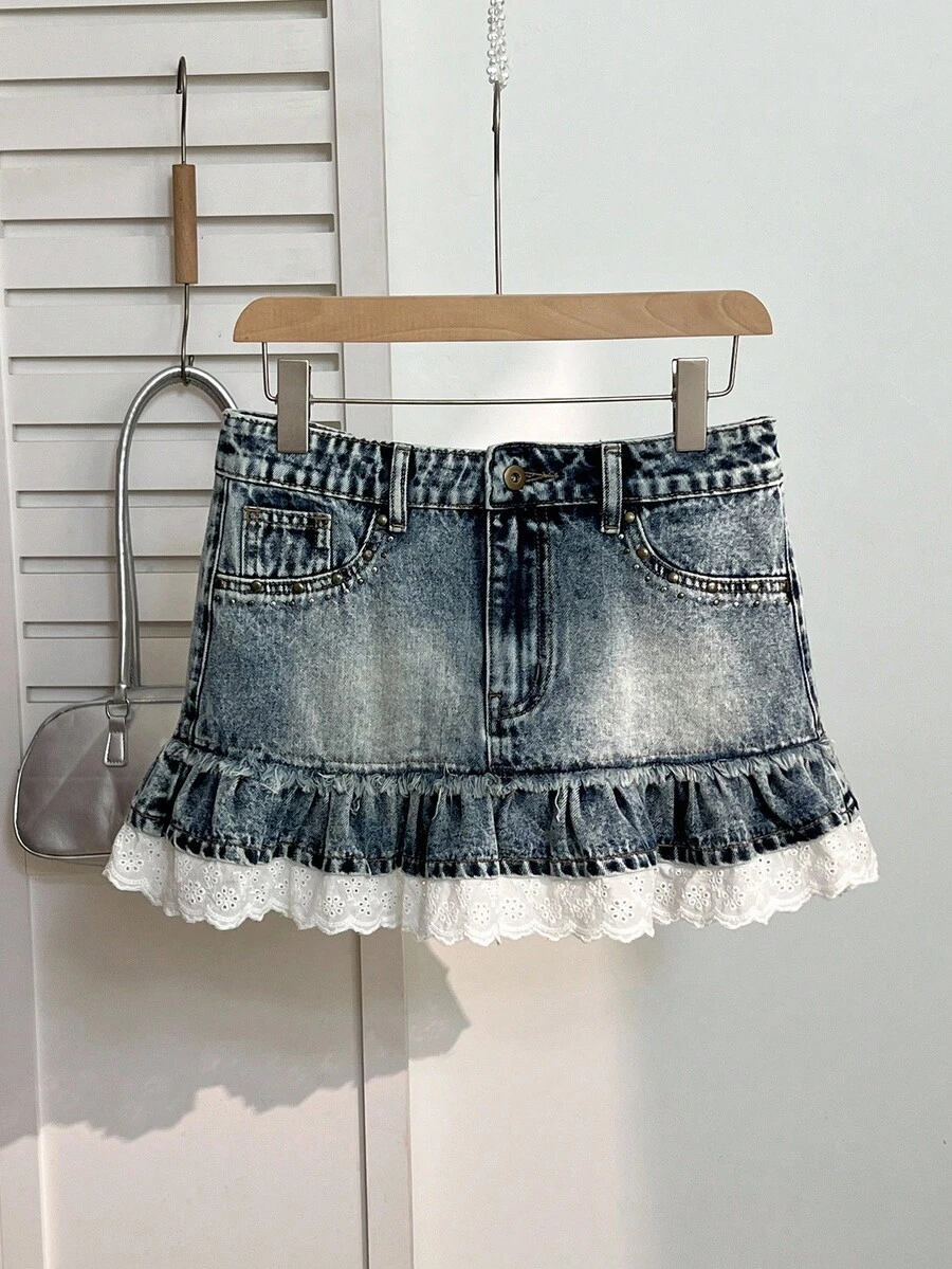 Elamini 女式拼布刺绣荷叶边下摆时尚牛仔迷你裙 - 藍色 - 查看 1