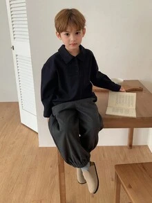 DAZY Young Boy Solid Color Long Sleeve Drop Shoulder Loose Fit Casual Shirt - Navy Blue - View 5